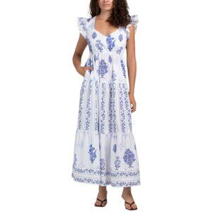 CELINA MOON Flutter Sleeve Floral Stamp Print Maxi Dress